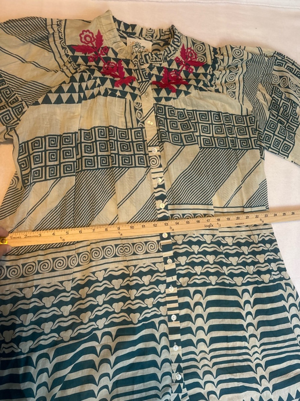 100% Cotton Blue and Cream Printed Button-Front Tunic Dress- Oh My Stars - Picture 5 of 10